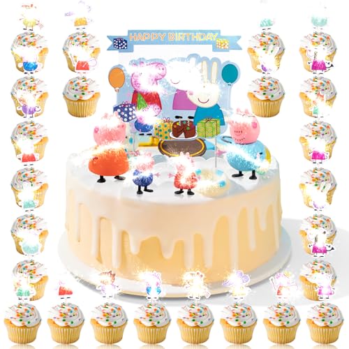 Biuebinc 29 Stück Rosa Ferkel Tortendeko für Kinder, 25 Stück Cake Topper, 4 Stück Figuren, Happy Birthday Tortenaufleger Cake Deko für Kinder Geburtstag Party von Biuebinc