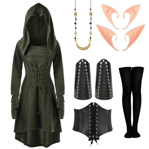 green m Mittelalter Kleidung Damen, Renaissance Kleid, Renaissance Mit Kapuze Langarm Retro Gothic, Gothic Kleid, Kommt mit Gürtel, Kniestrümpfen, Armschützern, Damen Cosplay Halloween Karneval von Biupaquro