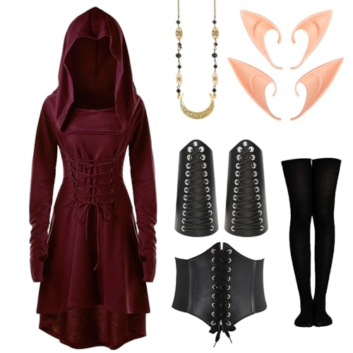 red m Mittelalter Kleidung Damen, Renaissance Kleid, Renaissance Mit Kapuze Langarm Retro Gothic, Gothic Kleid, Kommt mit Gürtel, Kniestrümpfen, Armschützern, Damen Cosplay Halloween Karneval von Biupaquro