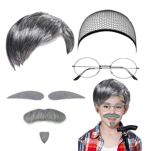 4 Stück Opa Kostüm Set Alter, Opa Kostüm Kinder Set, Cosplay Opa Perücken Perücke künstlicher Bart Augenbrauen Perückenkappe Brille Herren Perücke für Karneval Cosplay Mottoparty von Bkazwe