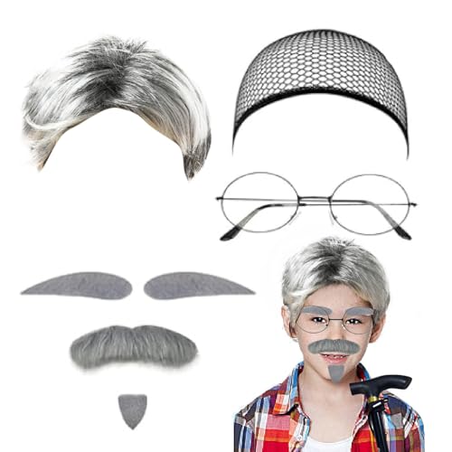 4 Stück Opa Kostüm Set Alter, Opa Kostüm Kinder Set, Cosplay Opa Perücken Perücke künstlicher Bart Augenbrauen Perückenkappe Brille Herren Perücke für Karneval Cosplay Mottoparty von Bkazwe