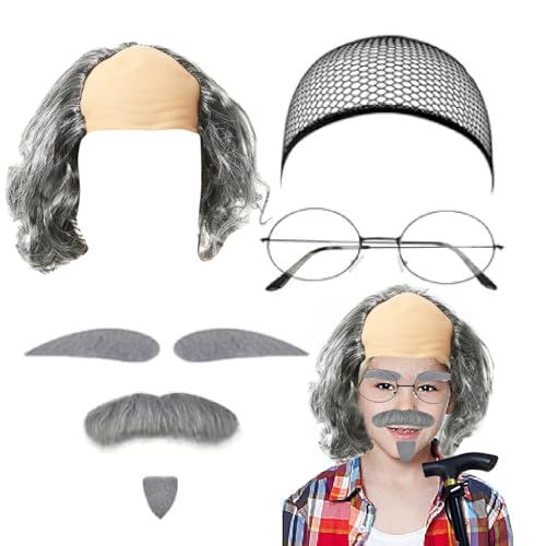 4 Stück Opa Kostüm Set Alter, Opa Kostüm Kinder Set, Cosplay Opa Perücken Perücke künstlicher Bart Augenbrauen Perückenkappe Brille Herren Perücke für Karneval Cosplay Mottoparty von Bkazwe