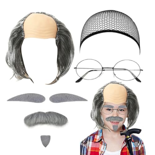 4 Stück Opa Kostüm Set Alter, Opa Kostüm Kinder Set, Cosplay Opa Perücken Perücke künstlicher Bart Augenbrauen Perückenkappe Brille Herren Perücke für Karneval Cosplay Mottoparty von Bkazwe