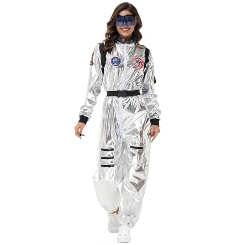 Astronaut Kostüm Damen Astronauten Weltraum Raumfahrer Cosplay Faschingskostüme Space Jumpsuit mit Brillen Silber Weltall Kostüm Space Kostüm Spaceman Overall Outfit von Bkazwe