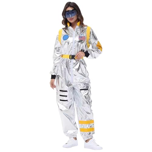 Astronauten Kostüm Damen Outfits Silber Raumfahrer Weltall Jumpsuit inkl. Overall, Gürtel, Brillen Spaceman Space Kostüm Karneval Cosplay Faschingskostüme von Bkazwe