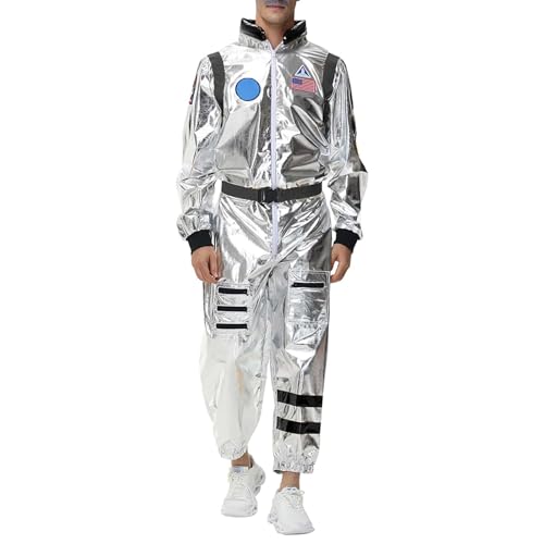 Bkazwe Astronaut Kostüm Herren Space Kostüm Space Jumpsuit mit Gürtel, Silber Astronauten Kostüm Astronauten Kostüm Erwachsene, Space Kostüm Herren Weltall Faschingskostüm Astronaut von Bkazwe