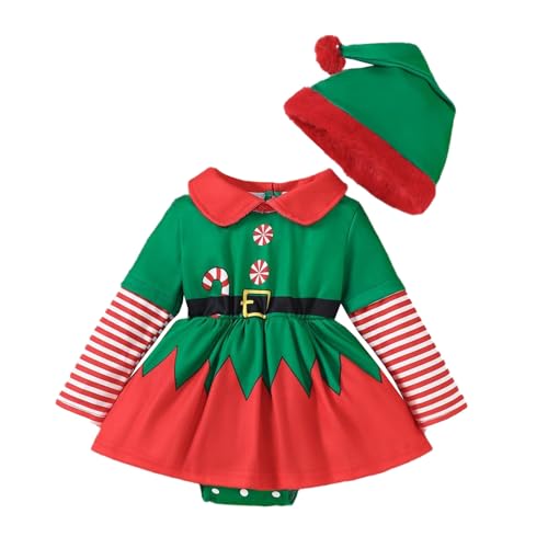 Bkazwe Baby Strampler Kleid Weihnachten Weihnachtsoutfit, Strampler Baby Mädchen Neugeborenes Santa Elfen Weihnachtskleid mit Hut Weihnachts Party Kleidung Set von Bkazwe