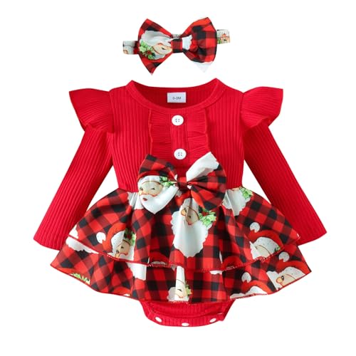 Bkazwe Baby Strampler Weihnachten Weihnachtsoutfit Strampler Mädchen, Neugeborenes Santa Schlafstrampler mit Stirnband Weihnachts Party Kleidung Set My First Christmas Weihnachts Kleid Kostüme von Bkazwe