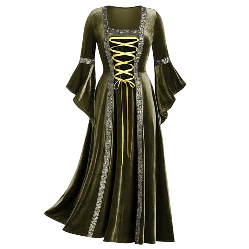 Bkazwe Damen Mittelalter Kleid mit Trompetenärmel Gothic Retro Kleid RenaissanceMittelalter Kostüme Große Größen Kleid Lange Kleider Elegant Partykleid für Halloween Karneval (Green, L) von Bkazwe