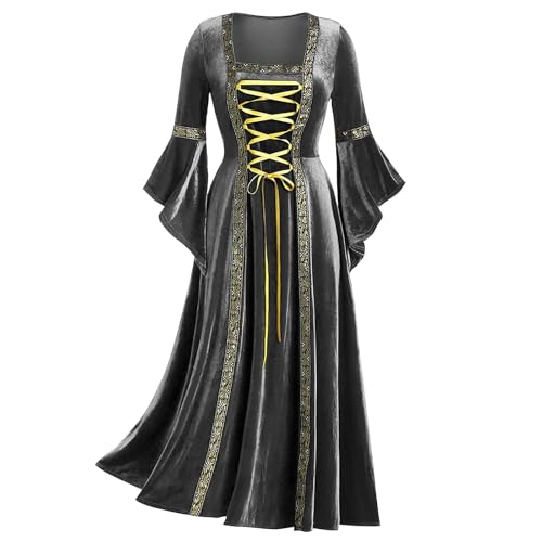 Bkazwe Damen Mittelalter Kleid mit Trompetenärmel Gothic Retro Kleid RenaissanceMittelalter Kostüme Große Größen Kleid Lange Kleider Elegant Partykleid für Halloween Karneval (Grey, L) von Bkazwe