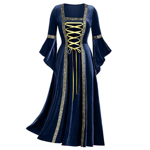 Bkazwe Damen Mittelalter Kleid mit Trompetenärmel Gothic Retro Kleid RenaissanceMittelalter Kostüme Große Größen Kleid Lange Kleider Elegant Partykleid für Halloween Karneval (Navy, L) von Bkazwe