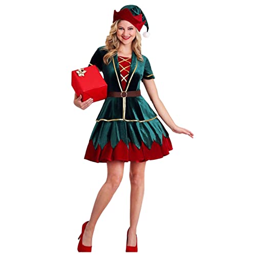 Bkazwe Damen Weihnachten Elfe Kostüm Faschingskostüme mit Hut Gürtel Cosplay Party Karneval Fastnacht Kleid für Erwachsene Elfenkostüm Weihnachtselfenkostüm von Bkazwe