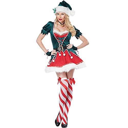 Bkazwe Damen Weihnachtself Kostüm Kleid Wichtelmütze Elf Mütze und Gürtel 4 Teiliges Erwachsene Karneval Weihnachtskostüm Party Outfit Santa Elfen Kostüm von Bkazwe