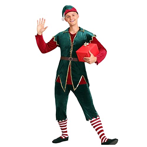 Bkazwe Herren Weihnachten Elf Kostüm Deluxe Santa Anzug Erwachsene Kostüme Urlaub Santa Kostüm Cosplay Set 6 Stück Mantel Hut Hose Gürtel Weihnachtselfenkostüm von Bkazwe