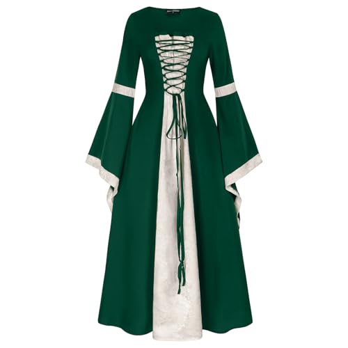 Bkazwe Mittelalter Kleid Damen Gothic Retro Kleid Frauen Große Größen Kleid Traditionelles irisches Kleid Cosplay Kostüm Hexenkleid Halloween Party Prinzessin Kostüm (Green, L) von Bkazwe