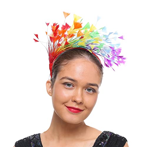 Bkazwe Regenbogen Haarreif Bunte Feder Haarschmuck Haarbänder, Regenbogen Kostüm Damen, Karneval Party Kopfschmuck Haarband Hochzeit Kopfbedeckung Fascinator Stirnbänder von Bkazwe