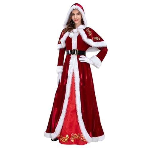 Bkazwe Weihnachtsmann-Kostüm für Frauen, Weihnachtskleider für Frauen, Weihnachtskleider mit Kapuze für Frauen, Weihnachten Outfit Weihnachtsfrau-Kostüm mit Kleid, Umhang, Mütze und Gürtel von Bkazwe