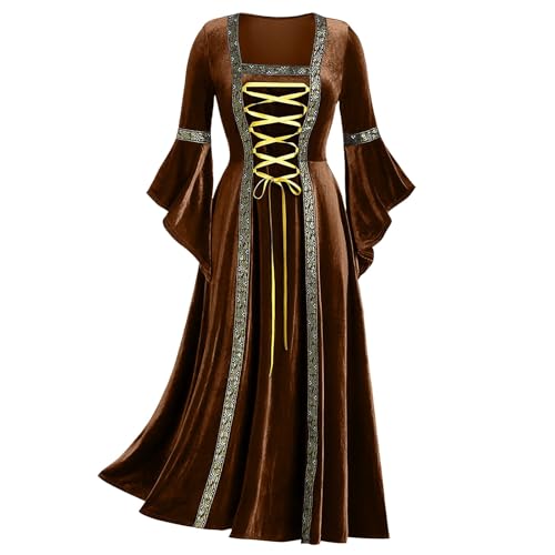 Damen Mittelalter Kleid mit Trompetenärmel Gothic Retro Kleid RenaissanceMittelalter Kostüme Große Größen Kleid Lange Kleider Elegant Partykleid für Halloween Karneval (Brown, L) von Bkazwe