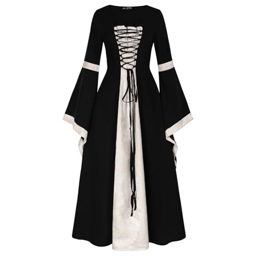 Mittelalter Kleid Damen Gothic Retro Kleid Frauen Große Größen Kleid Traditionelles irisches Kleid Cosplay Kostüm Hexenkleid Halloween Party Prinzessin Kostüm (Beige, L) von Bkazwe