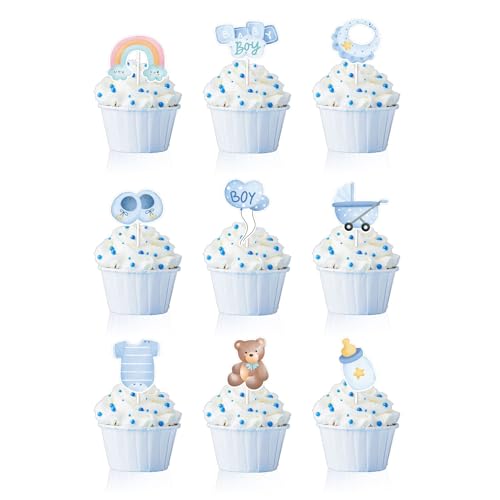 18 Stück Baby Cupcake Topper, Babyparty Tortendeko Taufe Junge, Baby Boy Deko Kuchen, Baby Shower Tortendeko Gender Reveal Party Deko, Baby Muffin Deko Blau für Taufe Deko, Birthday Party Deko von Bkemkri