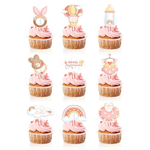 18 Stück Babyparty Tortendeko Taufe Mädchen, Baby Girl Tortendeko Rosa Cupcake Topper, Glitzer Stern Schnuller Onesie Jumpsuit Schleife, Gender Reveal Cupcke Toppers für Babyshowerparty von Bkemkri