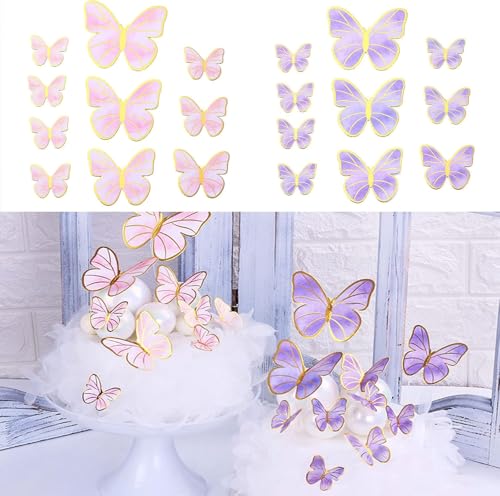 21 Stück Schmetterling Kuchen Topper, Kuchen Topper Schmetterling, 3D dimensionale Schmetterling Dekoration Kuchen, Kuchen Topper Geburtstag Schmetterling Kuchen Topper (1*Pink & Lila) von Bkemkri