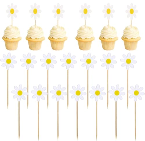 Bkemkri 20 Stücke Pack Gänseblümchen Blumen Tortendeko Weiß Pappbecher Kuchendeko Tortenaufleger für Happy Birthday Cupcake Toppers Partydeko Hochzeitstorte DIY Dekoration von Bkemkri