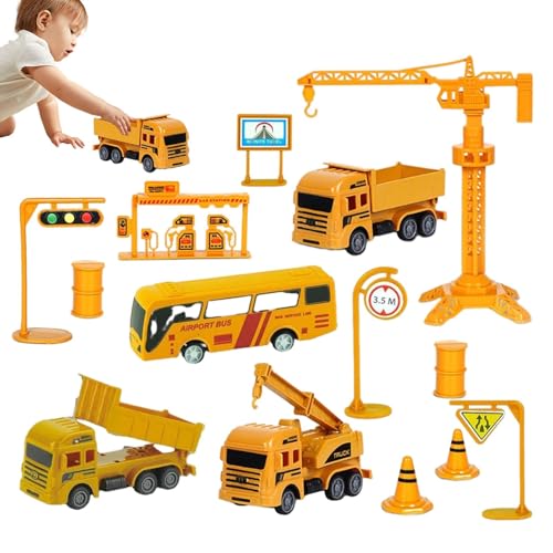 Bkljkf Baufahrzeuge-Spielset für Kinder,BAU-LKW-Spielzeugset, BAU-LKW, zurückziehbar, technisches Konstruktionsspielzeug, Transport-LKW-Spielzeug-Bagger-Kran-Fahrzeug-Spielset für von Bkljkf