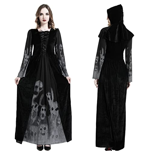 Bkpaweero Hexenkostüm Damen Halloween Kostüm Erwachsenen Hexen Kostüm Frauen Schwarze Geisterbraut Abendkleid,Vampir Zombie Langes Robe Kostüme für Cosplay Damen Hexen Kostüm (Schwarz, S) von Bkpaweero