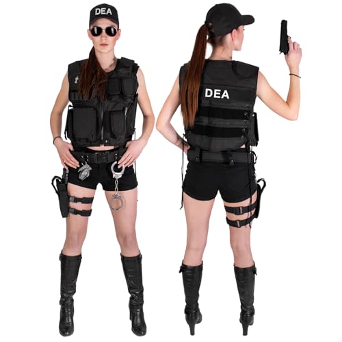 Black Snake® Damen Kostüm SWAT POLICE FBI SECURITY | Einsatzweste, Gürtel, Beinholster, Cap, Handschellen (DEA, M/L) von Black Snake