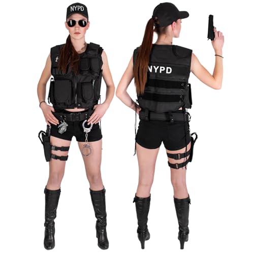 Black Snake® Damen Kostüm SWAT POLICE FBI SECURITY | Einsatzweste, Gürtel, Beinholster, Cap, Handschellen (NYPD, XL/XXL) von Black Snake