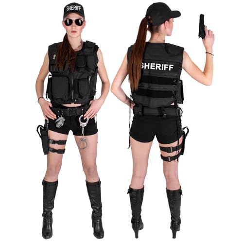 Black Snake® Damen Kostüm SWAT POLICE FBI SECURITY | Einsatzweste, Gürtel, Beinholster, Cap, Handschellen (SHERIFF, XL/XXL) von Black Snake