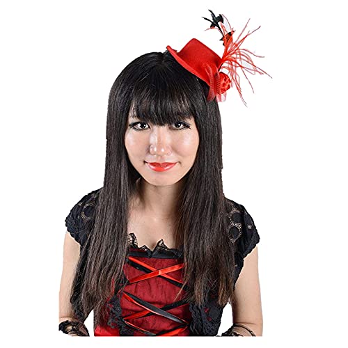 Black Sugar Mini Fascinator Haarschmuck Hochzeit Zeremonie Pailletten Gothic Lolita Retro Mittelalter Schleier Befestigung Haarspangen Fliege Kostüm Gr. One size, Federrot von Black Sugar