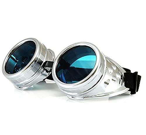 Black Sugar Unisex Steampunk Cyber Goggles Victorian Style Schweißer Cosplay Gothic Goth Rustikal Nieten oder Spikey Vintage Rund Schutz, Glas blau silber, Einheitsgröße von Black Sugar