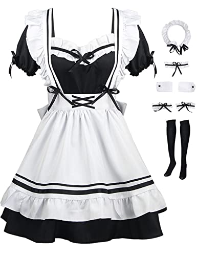 Bleoavre Anime Maid Lolita Fasching Cosplay Kostüm Halloween Uniform Outfit (XXL, Schwarz) von Bleoavre