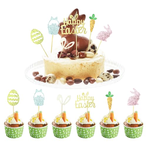 Bliceon 12 Stück Oster-Cupcake-Topper – Glitzer-Hase, Hase, Ei, Korb und Karotten-Kuchendekorationen für Frohe Ostern, Frühlingsparty-Dekorationen und Zubehör von Bliceon