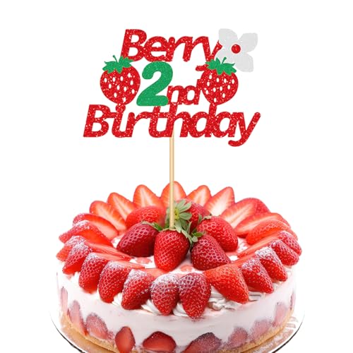 Bliceon Erdbeere Tortendeko, Glitzer Happy Birthday Strawberry Kuchen Deko, Früchte Cake Topper für Kinder Jungen Mädchen Geburtstag Baby Dusche Party Supplies (2) von Bliceon