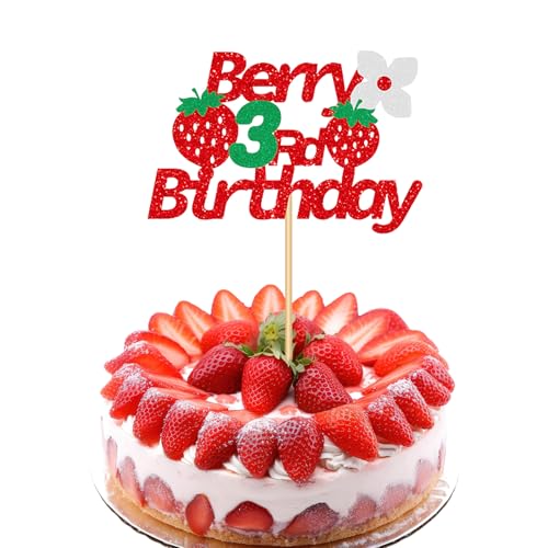 Bliceon Erdbeere Tortendeko, Glitzer Happy Birthday Strawberry Kuchen Deko, Früchte Cake Topper für Kinder Jungen Mädchen Geburtstag Baby Dusche Party Supplies (3) von Bliceon