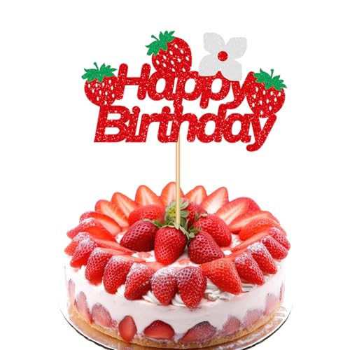 Bliceon Erdbeere Tortendeko, Glitzer Happy Birthday Strawberry Kuchen Deko, Früchte Cake Topper für Kinder Jungen Mädchen Geburtstag Baby Dusche Party Supplies （Harry) von Bliceon