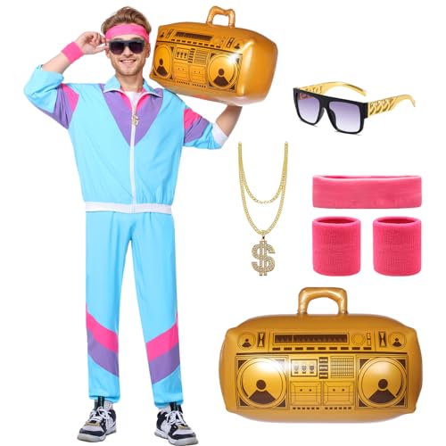 Blisscok 80er Jahre Muschelanzug 90er 80er Jahre Verkleidung Herren Damen 80er 90er Jahre Kostüm mit Stirnband Armbänder Brille Goldkette Aufblasbares Radio Retro Fasching Halloween Karneval Kostüm von Blisscok