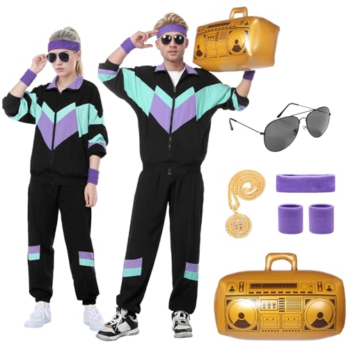 Blisscok 80er 90er Jahre Outfit Herren Damen,8 Pcs 80er 90er Kostüm Bad Taste Outfit Herren Damen mit Jacke Hose Goldkette Stirnband Armbänder Brille Aufblasbare Radio für Karneval (Schwarz, XXL) von Blisscok