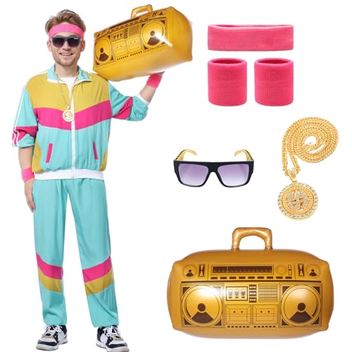 Blisscok 90er 80er Jahre Outfit Herren Damen,8Pcs 80er 90er Outfit New Kid Kostüm Damen Herren mit Jacke Hose Goldkette Stirnband Armbänder Brille Aufblasbare Radio für Paare Carnival (Hellgrün, M) von Blisscok