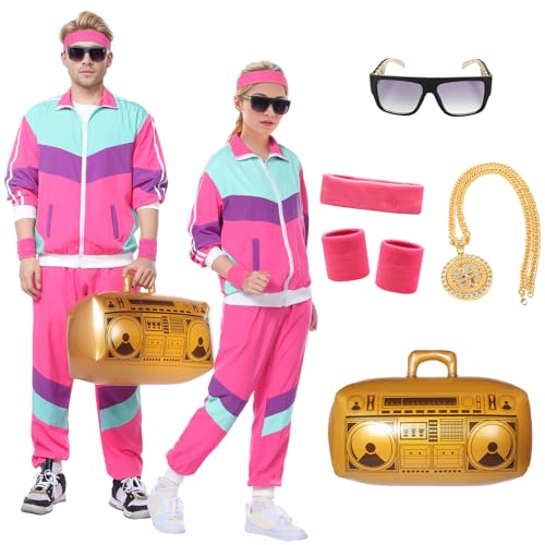 Blisscok 90er 80er Jahre Outfit Herren Damen,8Pcs 80er 90er Outfit New Kid Kostüm Damen Herren mit Jacke Hose Goldkette Stirnband Armbänder Brille Aufblasbare Radio für Paare Carnival (Rosa, XXL) von Blisscok