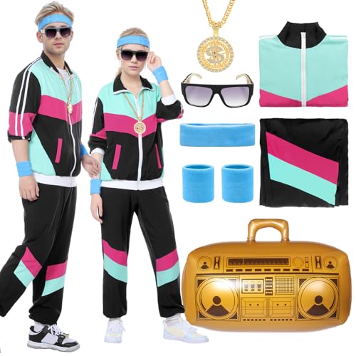 Blisscok 90er 80er Jahre Outfit Herren Damen,8Pcs 80er 90er Outfit New Kid Kostüm Damen Herren mit Jacke Hose Goldkette Stirnband Armbänder Brille Aufblasbare Radio für Paare Carnival (Schwarz, XL) von Blisscok