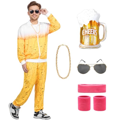 Blisscok Bier Kostüm,80er Jahre Outfit Herren Damen,Bieranzug New Kids Kostüm Bad Taste Outfit mit Jacke Hose Goldkette Headband Wristbands Brille Aufblasbares Radio for Karneval (Gelb, L) von Blisscok