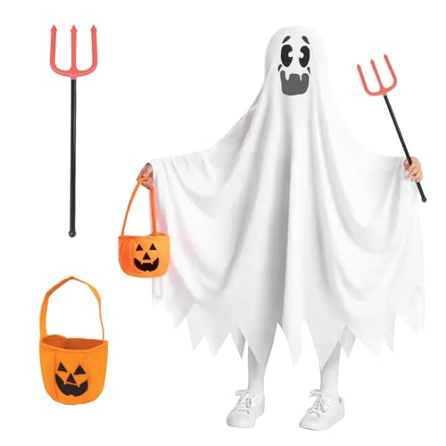 Blisscok Gespenst Kostüm Kinder Halloween Kostüm Kinder Geister Weiß Umhang mit Kürbis Eimer und Teufelsgabel,Kostüm Gespenst Kinder für Süßes oder Saures Halloween Karneval Cosplay (A) von Blisscok