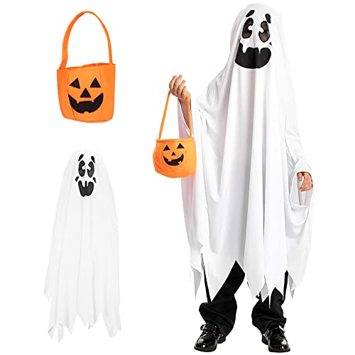 Blisscok Gespenst Kostüm Kinder Halloween Kostüm Kinder Geister Weiß Umhang mit Kürbis Eimer,Kostüm Gespenst Kinder für Süßes oder Saures Halloween Karneval Cosplay von Blisscok