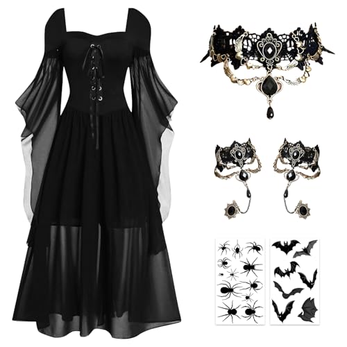 Blisscok Gothic-Kleid für Damen, mittelalterliches Kleid, Renaissance-Kleid, Halsketten, Armbänder und Aufkleber, Halloween, Karneval, Schwarz 1, Medium von Blisscok