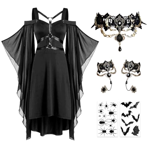 Blisscok Gothic-Kleid für Damen, mittelalterliches Kleid, Renaissance-Kleid, Halsketten, Armbänder und Aufkleber, Halloween, Karneval, schwarz 2, Small von Blisscok