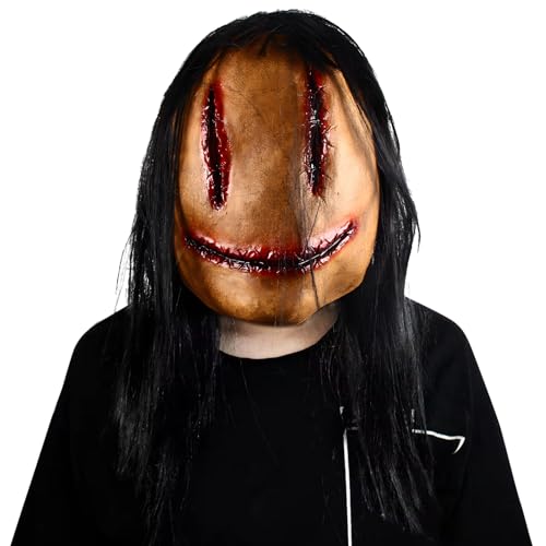 Blisscok Gruselige Halloween-Maske mit Haaren, gruselige Maske, realistische Halloween-Masken für Erwachsene, lächelnde Nähte, Geister-Horror-Maske, gruselige Silikon-Terrifer-Maske für Halloween, von Blisscok